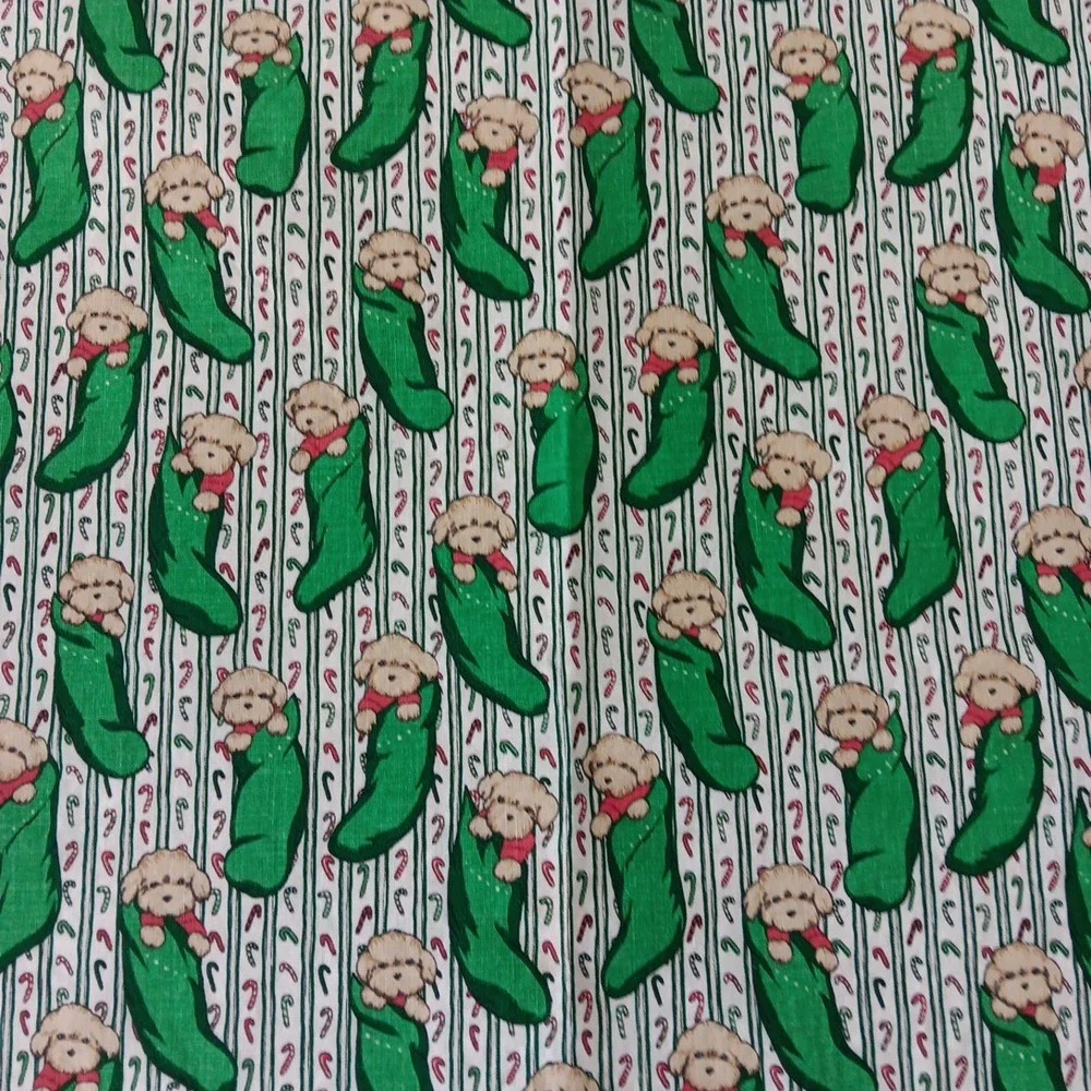 Vintage Cotton Fabric Christmas Puppy in Stocking Holiday Craft Quilt 2 YDS Cute